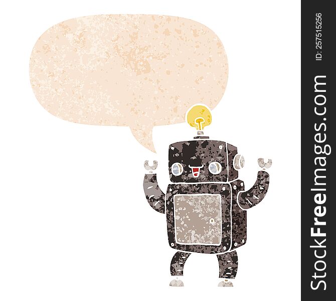 Cartoon Happy Robot And Speech Bubble In Retro Textured Style