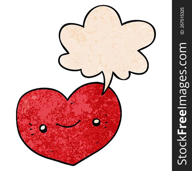 heart cartoon character with speech bubble in retro texture style