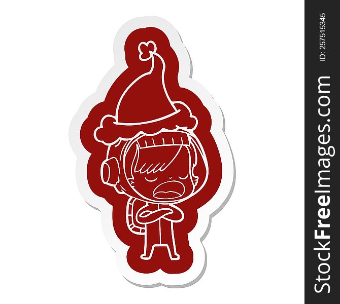 quirky cartoon  sticker of a astronaut woman explaining wearing santa hat
