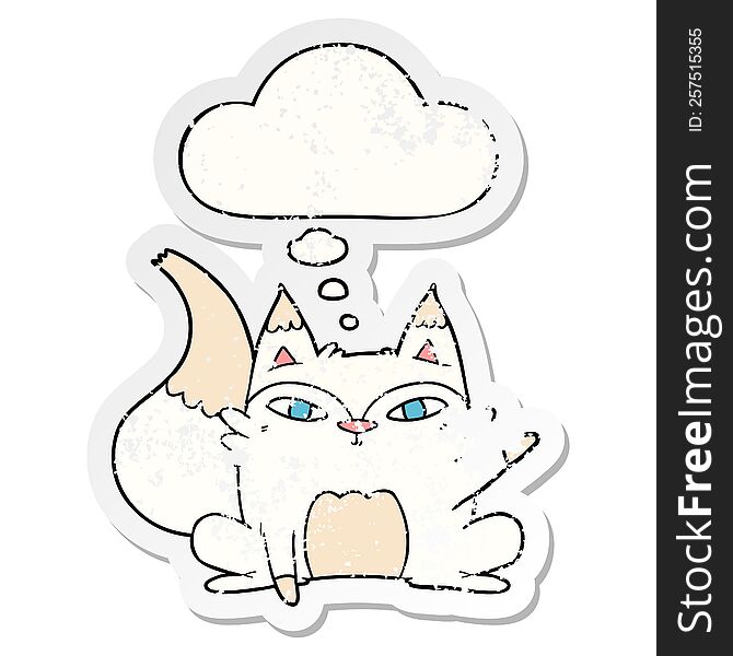 cartoon arctic fox with thought bubble as a distressed worn sticker