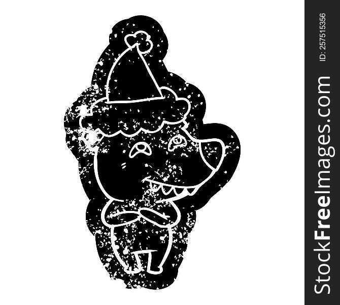 quirky cartoon distressed icon of a bear showing teeth wearing santa hat