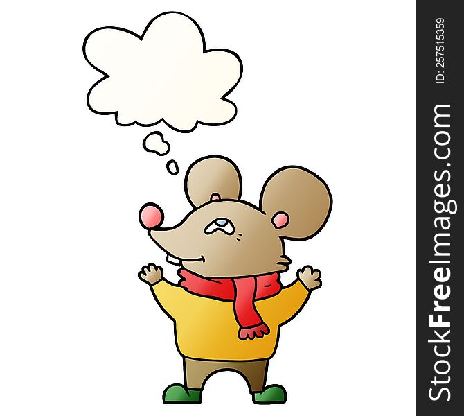 cartoon mouse wearing scarf with thought bubble in smooth gradient style