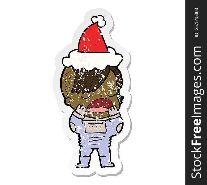 Distressed Sticker Cartoon Of A Cool Hipster Girl In Space Suit Wearing Santa Hat