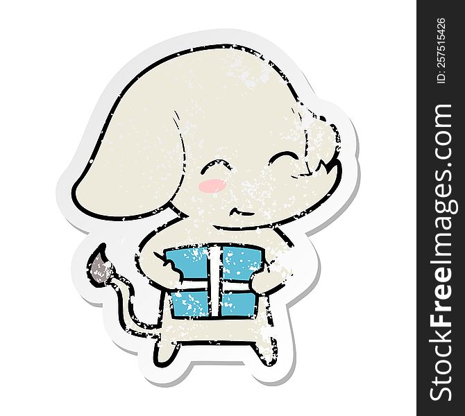 Distressed Sticker Of A Cute Cartoon Elephant With Gift