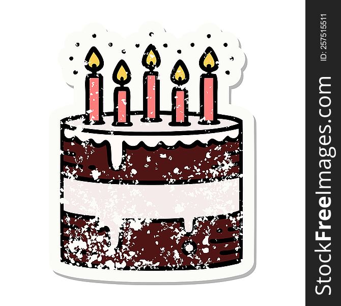 Traditional Distressed Sticker Tattoo Of A Birthday Cake