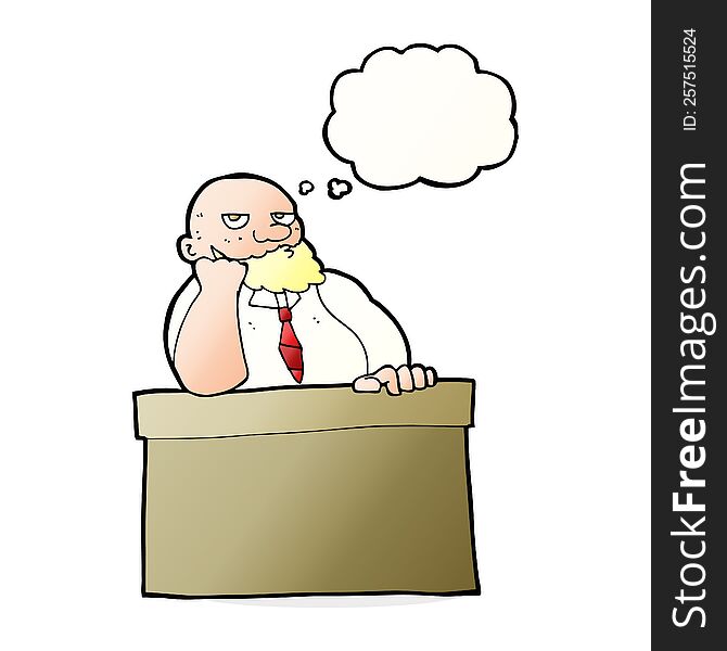 Cartoon Bored Man At Desk With Thought Bubble