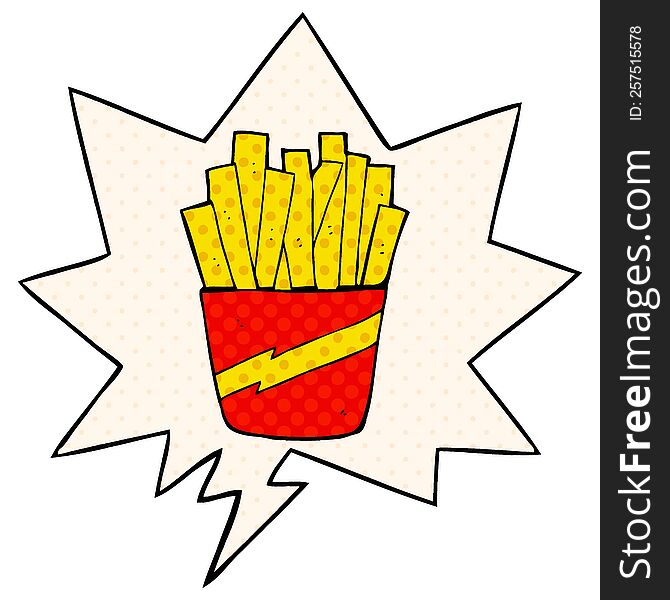 Cartoon Box Of Fries And Speech Bubble In Comic Book Style