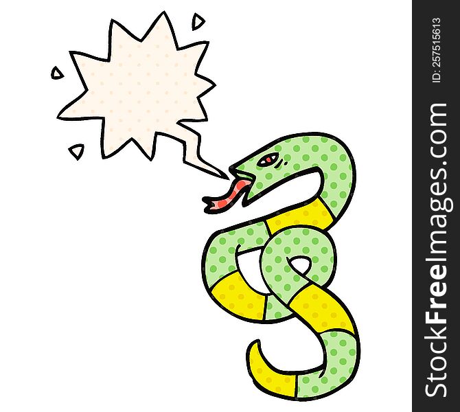 Hissing Cartoon Snake And Speech Bubble In Comic Book Style