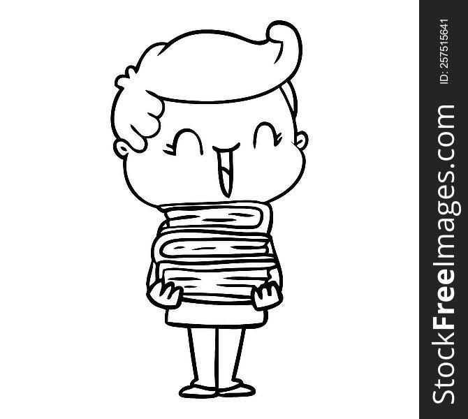 cartoon laughing boy carrying books. cartoon laughing boy carrying books