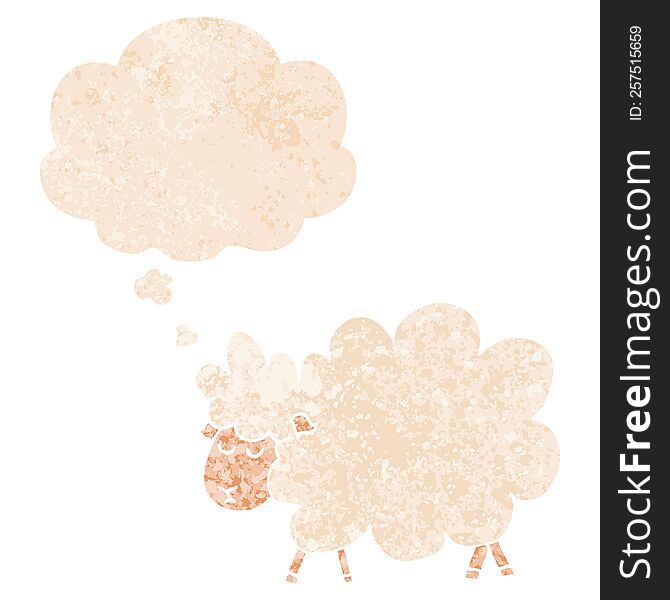 cartoon sheep and thought bubble in retro textured style