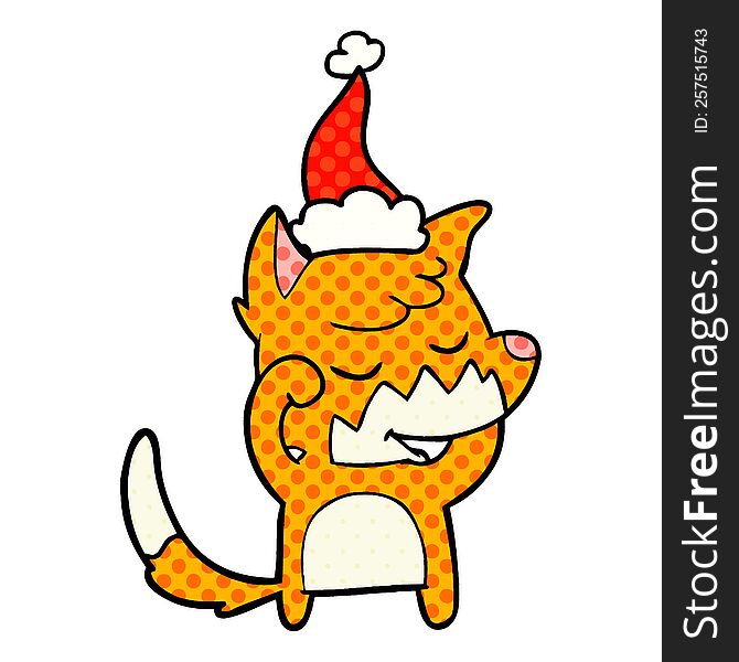 friendly comic book style illustration of a fox waking up wearing santa hat