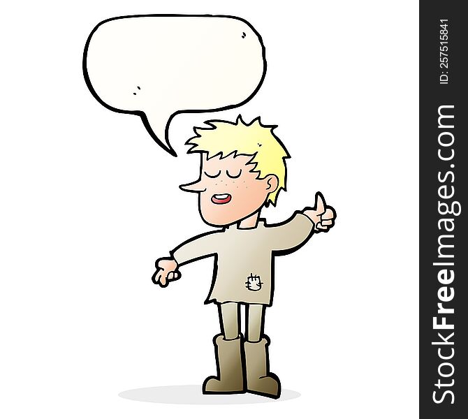 cartoon poor boy with positive attitude with speech bubble