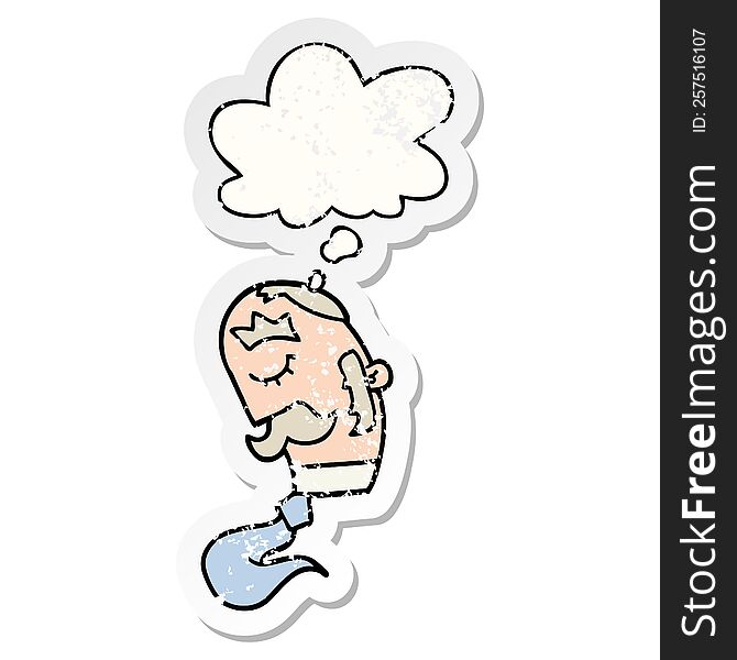 cartoon man with mustache with thought bubble as a distressed worn sticker