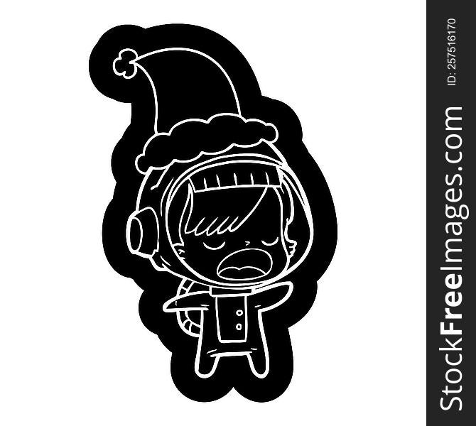 cartoon icon of a talking astronaut woman wearing santa hat