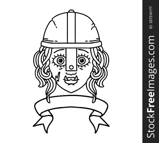 Black and White Tattoo linework Style orc fighter character face with banner. Black and White Tattoo linework Style orc fighter character face with banner
