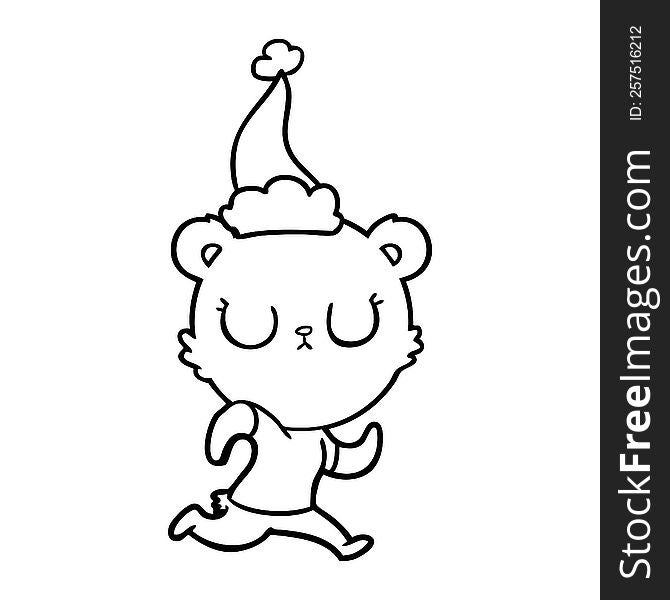 peaceful hand drawn line drawing of a bear running wearing santa hat. peaceful hand drawn line drawing of a bear running wearing santa hat