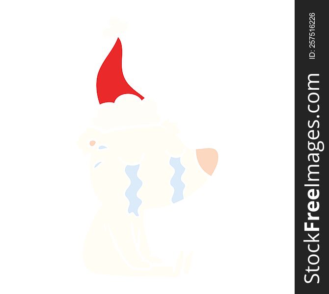 flat color illustration of a crying sitting polar bear wearing santa hat