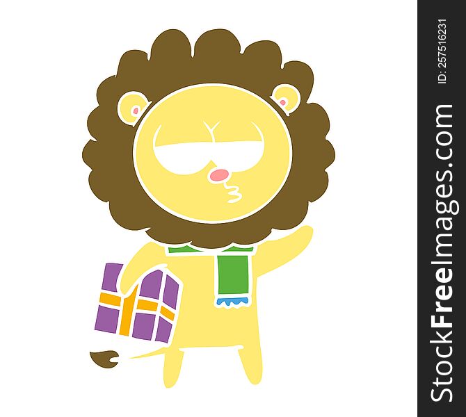 flat color style cartoon tired lion with gift