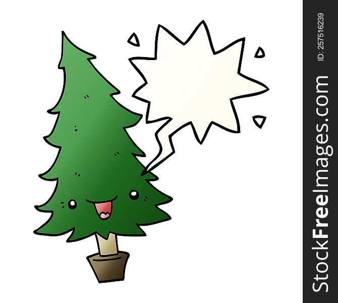 Cute Cartoon Christmas Tree And Speech Bubble In Smooth Gradient Style