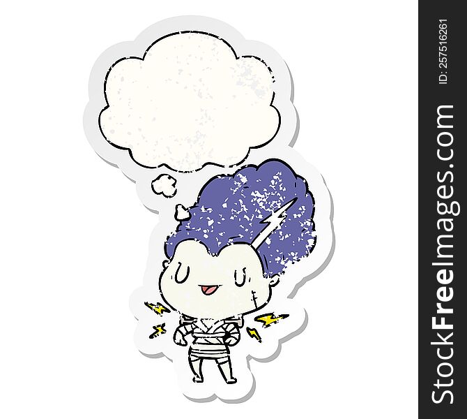 cartoon undead monster woman with thought bubble as a distressed worn sticker