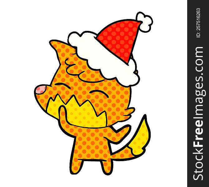 hand drawn comic book style illustration of a fox wearing santa hat