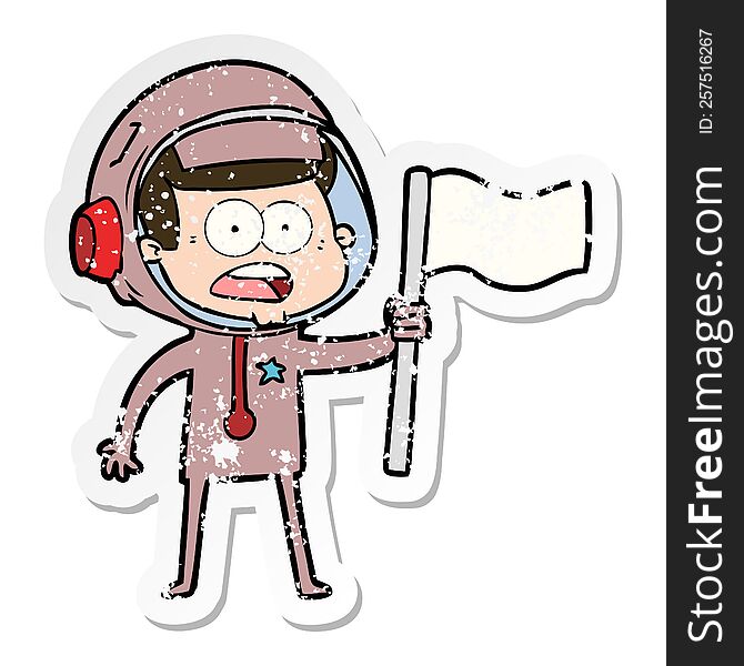 Distressed Sticker Of A Cartoon Surprised Astronaut Waving Flag