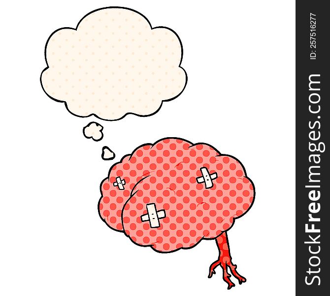 cartoon injured brain with thought bubble in comic book style