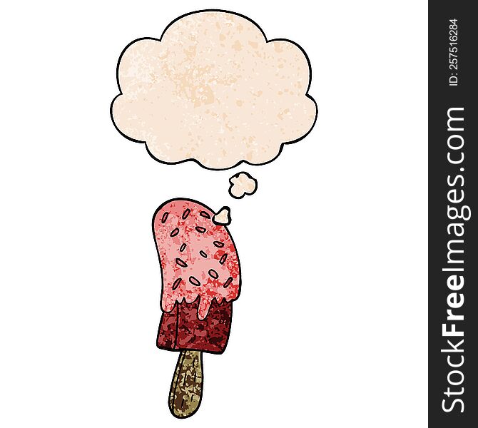cartoon ice cream lolly with thought bubble in grunge texture style. cartoon ice cream lolly with thought bubble in grunge texture style