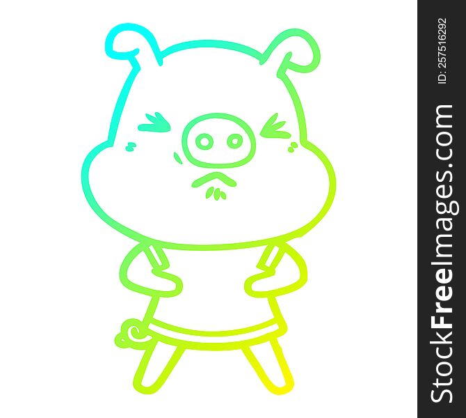 cold gradient line drawing of a cartoon angry pig wearing tee shirt