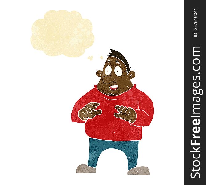 cartoon excited overweight man with thought bubble
