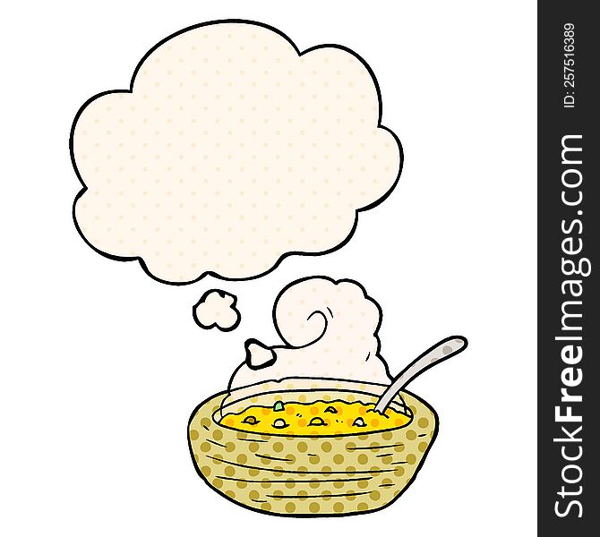 cartoon bowl of hot soup with thought bubble in comic book style