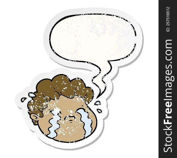 Cartoon Crying Boy And Speech Bubble Distressed Sticker