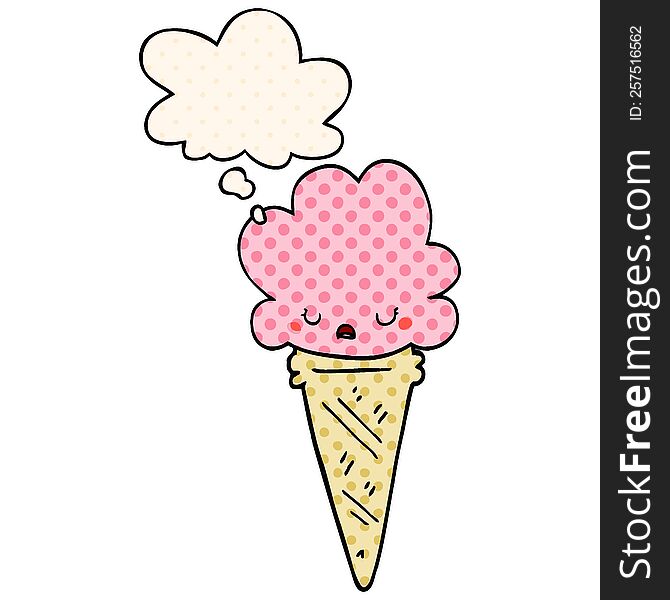 Cartoon Ice Cream With Face And Thought Bubble In Comic Book Style