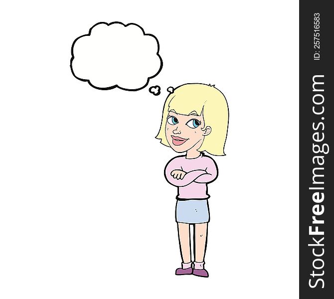 cartoon happy woman looking over with thought bubble