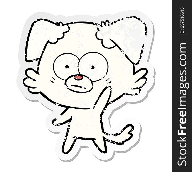 Distressed Sticker Of A Nervous Dog Cartoon Waving