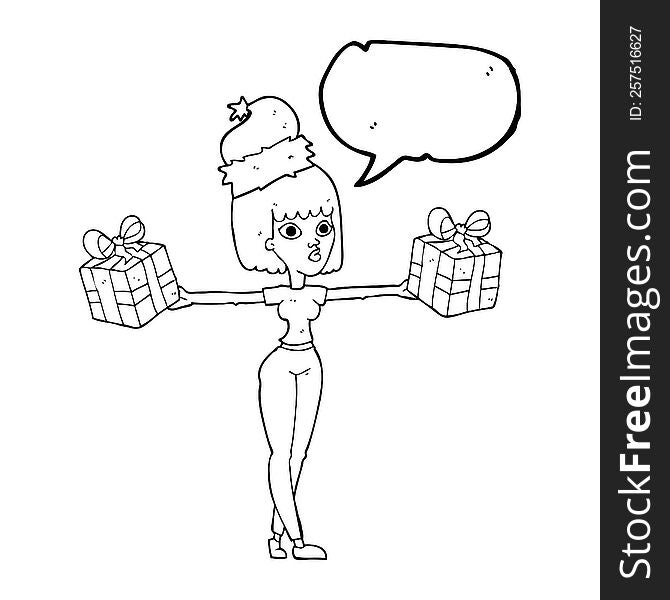 speech bubble cartoon woman with xmas presents