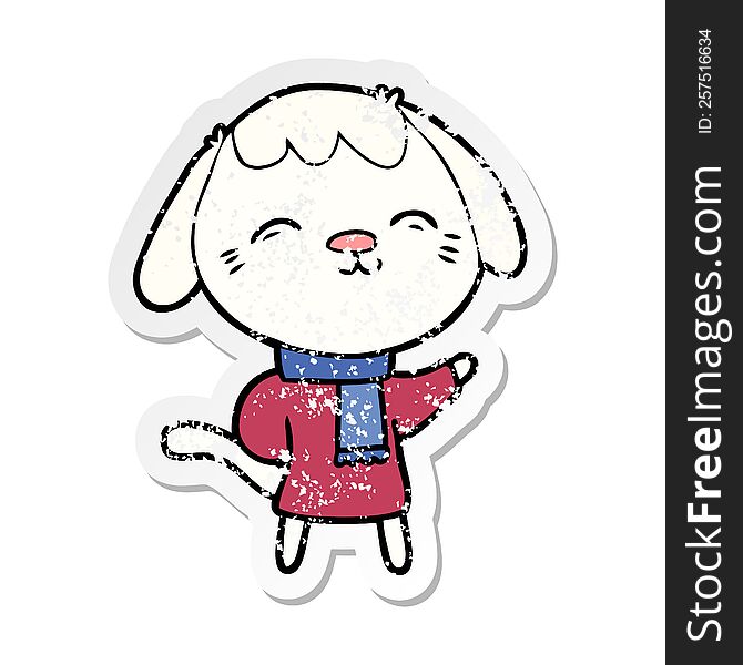 distressed sticker of a happy cartoon dog in winter clothes