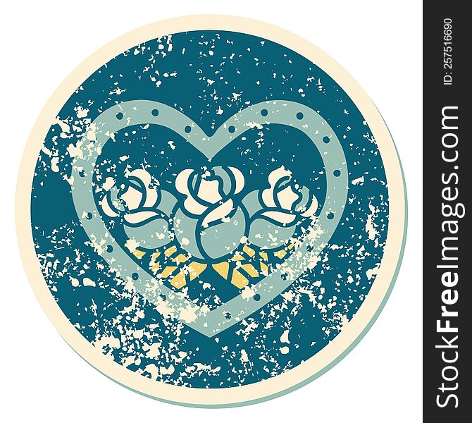 Distressed Sticker Tattoo Style Icon Of A Heart And Flowers