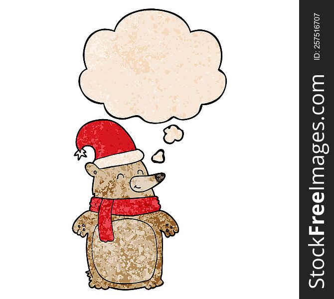 Cartoon Christmas Bear And Thought Bubble In Grunge Texture Pattern Style