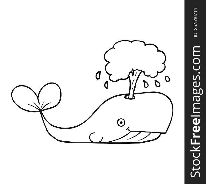 freehand drawn black and white cartoon whale spouting water