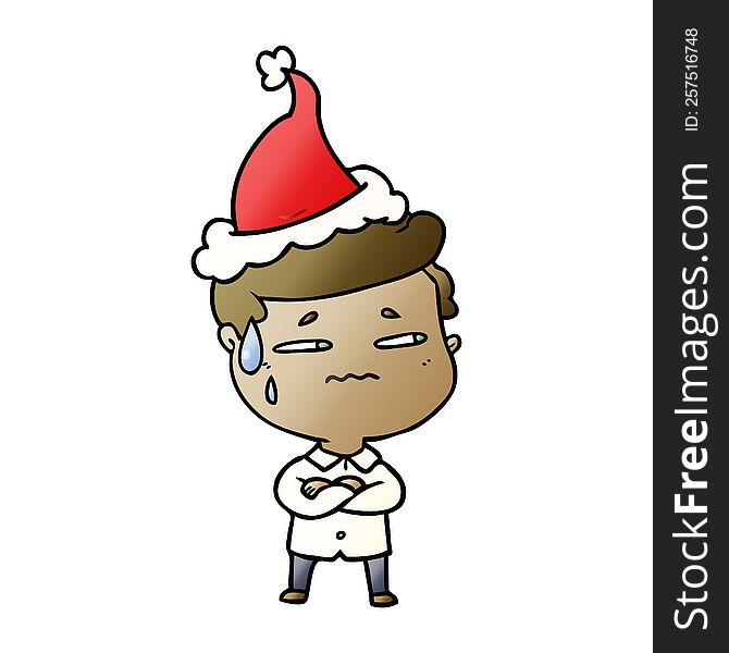 hand drawn gradient cartoon of a anxious man wearing santa hat