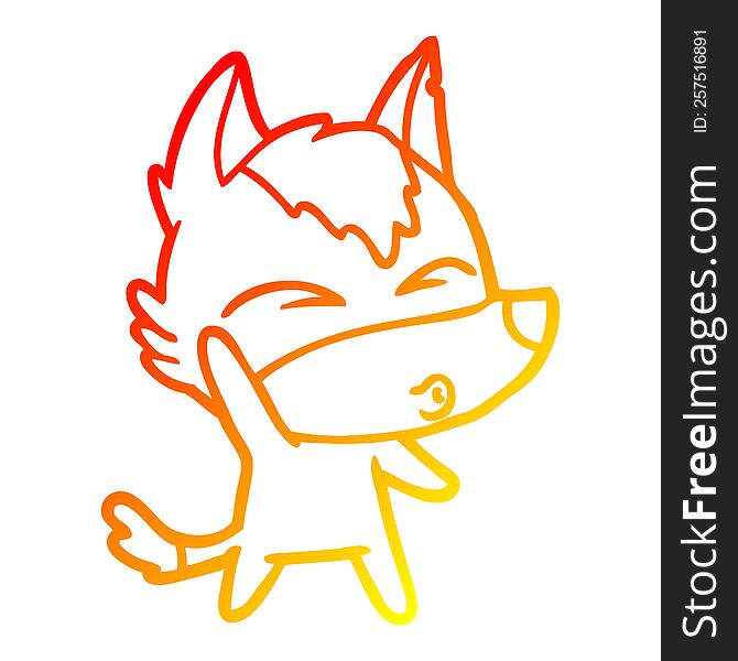 warm gradient line drawing of a cartoon waving wolf whistling