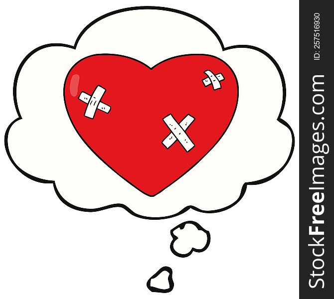 cartoon beaten up heart with thought bubble. cartoon beaten up heart with thought bubble