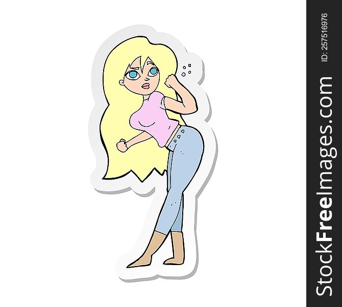 sticker of a cartoon woman raising fist