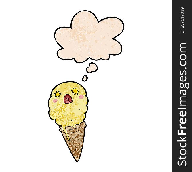 Cartoon Shocked Ice Cream And Thought Bubble In Grunge Texture Pattern Style