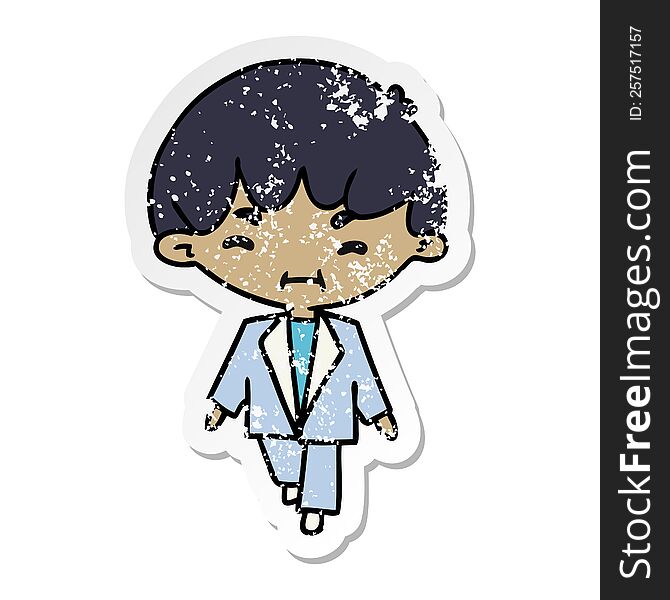 distressed sticker cartoon illustration kawaii cute boy in suit. distressed sticker cartoon illustration kawaii cute boy in suit