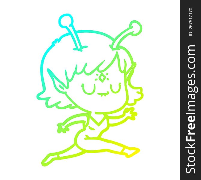 cold gradient line drawing of a cartoon alien girl jumping