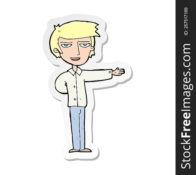 sticker of a cartoon man gesturing welcome