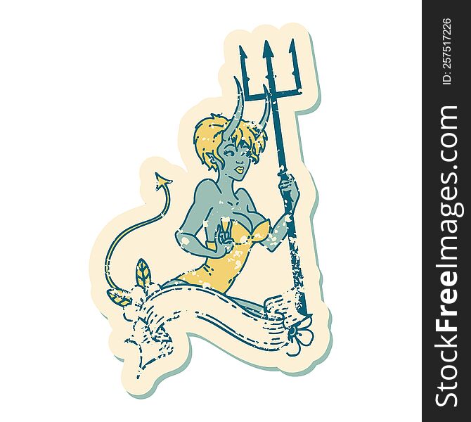 distressed sticker tattoo style icon  of a pinup devil girl with banner