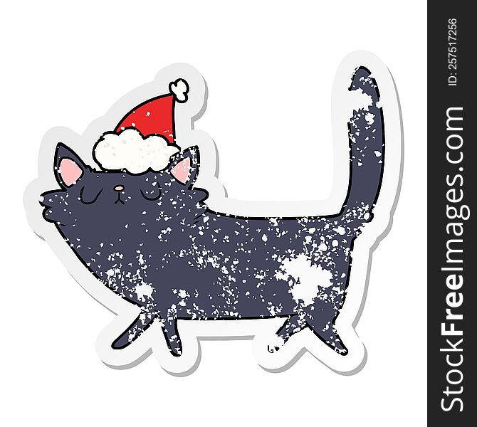 Distressed Sticker Cartoon Of A Black Cat Wearing Santa Hat